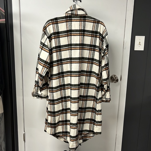 Blank NYC long shacket. Cream with dark green and camel plaid design. $110 - Picture 3 of 4